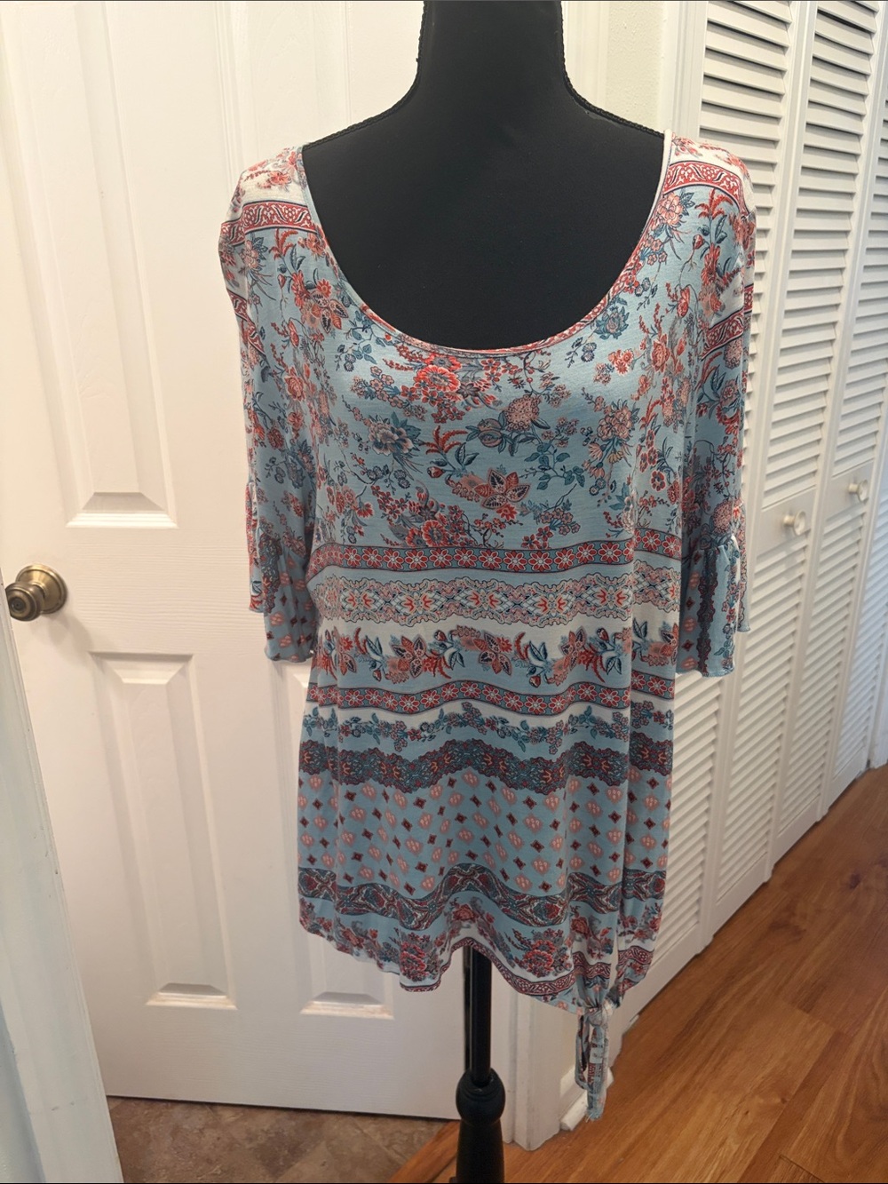One World Live and Let Live Multi- Floral Scoop Neck Top with Flutter Sleeves